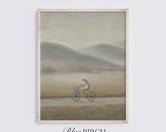 Frog on Bicycle Print, Cottage Nursery Wall Art, Storybook Animal Decor, Digital Download 575