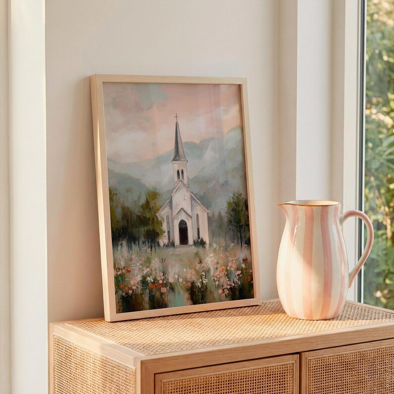 White chapel artwork for nursery — whimsical impressionistic painting emphasizing peace and softness in lovely pastel tones.