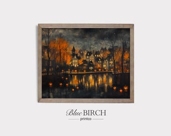 Moody Halloween Village Wall Art, Spooky Pumpkin Printable, Dark Autumn Decor, Haunted Fall Town Painting, Vintage Halloween Print 484
