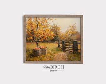 Vintage Apple Orchard Print, Autumn Harvest Landscape Printable, Antique Farm Painting, Rustic Countryside Fall Decor, Digital Download