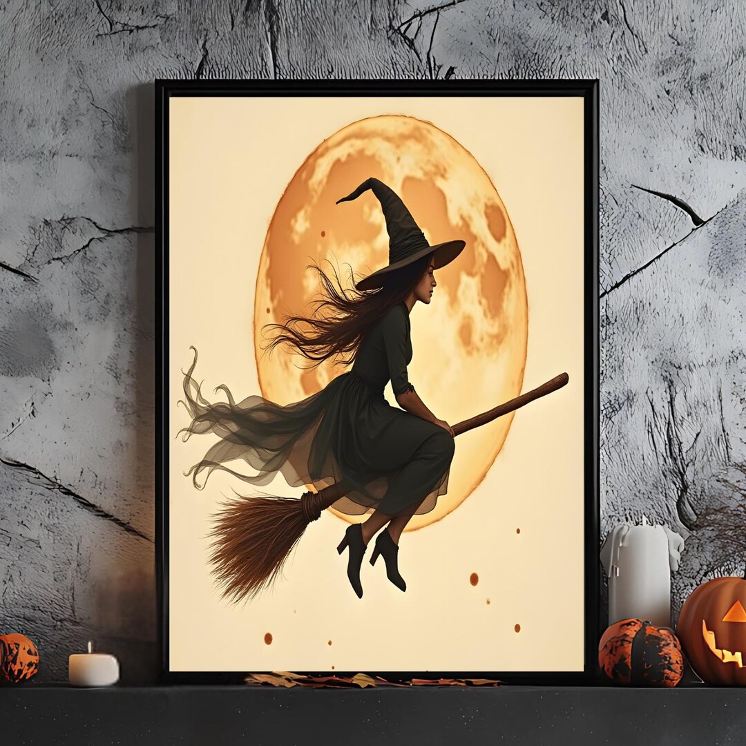 Flying Witch on Broom Wall Art Printable, Vintage Halloween Poster ...