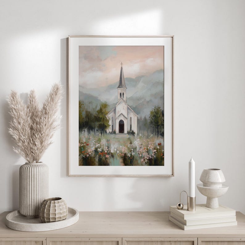 Small white country chapel wall art for farmhouse — tranquil, impressionistic painting with soft pastel colors and serene rural vibes.