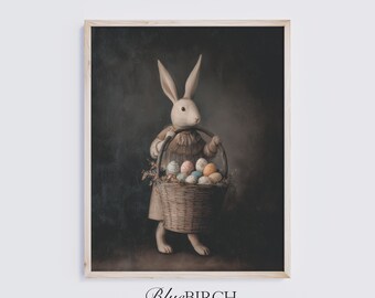 Moody Easter Bunny Print, Vintage Rabbit with Basket of Eggs, Dark Cottagecore Wall Art, Spring Easter Decor, Digital Download 865
