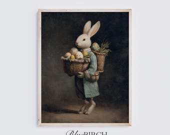 Easter Bunny Basket Art, Vintage Rabbit with Painted Eggs, Moody Storybook Wall Decor, Digital Download 866