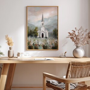 Rustic church poster for kitchen — soothing watercolor artwork bringing a touch of pastoral peace and calm nature to your home.