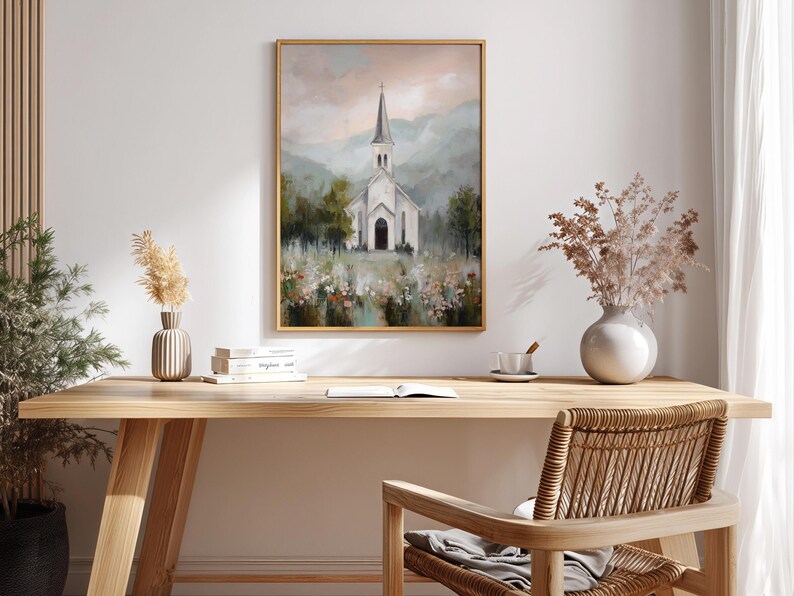 Rustic church poster for kitchen — soothing watercolor artwork bringing a touch of pastoral peace and calm nature to your home.