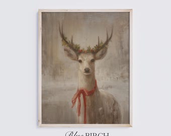 Lámina navideña de renos, arte mural navideño vintage, decoración rústica de invierno, pintura de ciervos, descarga digital 522