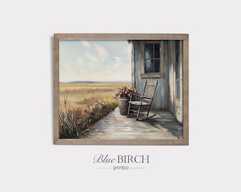 Farmhouse Porch Wall Art, Rocking Chair Countryside Printable, Country Prairie Landscape Painting, Rustic Cottage Decor, Digital Download 79