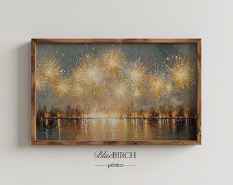 City Skyline Fireworks Frame TV Art, New Years Celebration Wall Art, Festive Holiday Decor, Vintage Coastal Painting, Digital Download 48