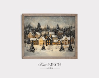 Snowy Winter Village print, Vintage Holiday Decor, Moody Christmas Wall Art, Cottagecore Painting, Digital Download 478