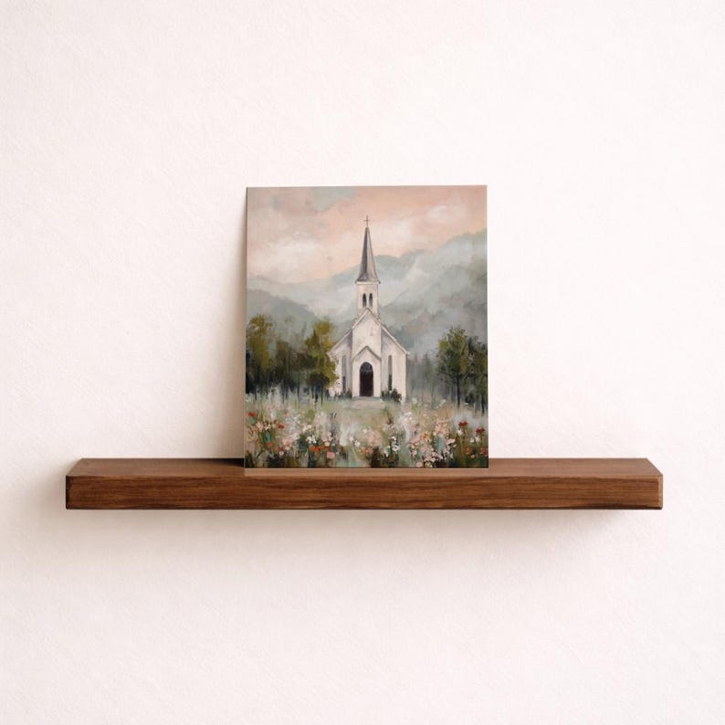 Serene country chapel wall art for study — calm watercolor scenery with lush grasses and gentle hills for a pastoral touch.