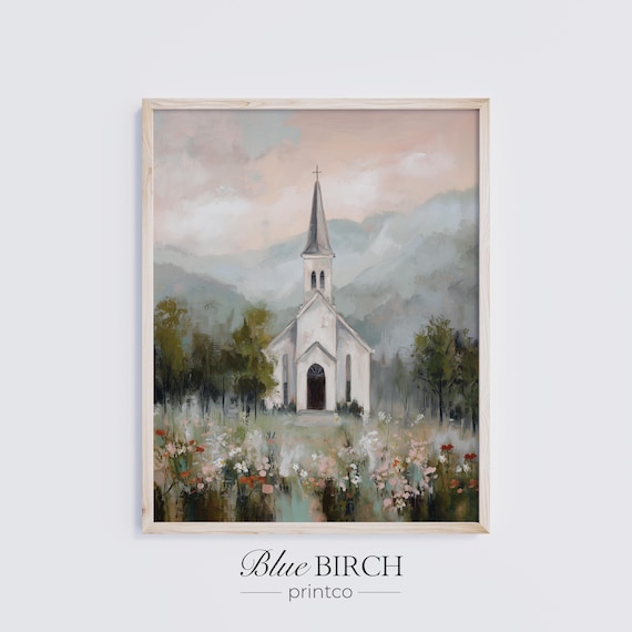 Country Church Print, Cottagecore Wall Art, Peaceful Chapel Landscape, Soft Pastoral Painting, Neutral Spiritual Decor, Digital Download 764