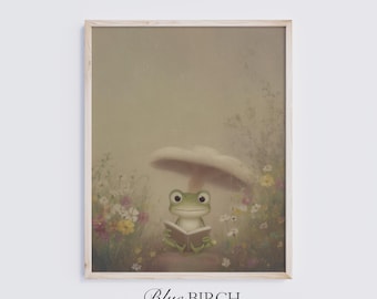 Frog Reading Book Print, Whimsical Nursery Wall Art, Cottagecore Storybook Decor, Vintage Woodland Painting, Digital Download 622