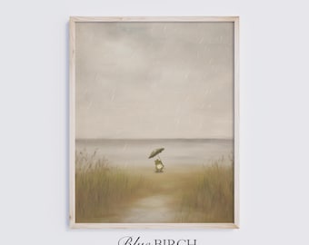 Vintage Frog in Rain Print, Moody Cottagecore Meadow Art, Whimsical Character Illustration, Neutral Wall Decor, Digital Download 583