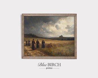 Stimmungsvolles Weizenfeld Druck, rustikale Landschaft Wandkunst, Vintage Land Dekor, stürmischer Himmel Malerei, DRUCKBAR Digital Download 74