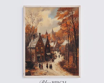 Vintage Herbst Dorf Druck, Gemütliche Herbst Wand Kunst, Cottagecore Straßenszene Malerei, Rustikale Urlaub Dekor, Warmes Erntedank Kunstwerk 399