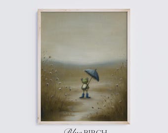 Frog With Blue Umbrella Print, Whimsical Toad Wall Art, Rainy Day Cottage Decor, Digital Download 585