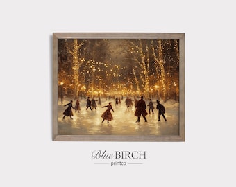 May include: A framed print depicts a winter scene of people ice skating on a frozen pond. The artwork features a warm color palette with golden lights strung between trees. The print is labeled "Blue Birch printco".