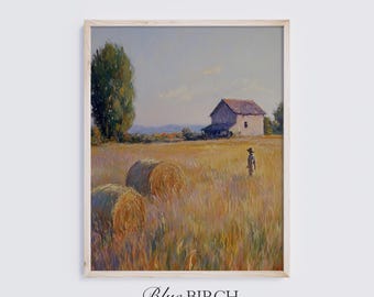 Impresión de campo de pacas de heno, arte mural con paisaje rústico de granja, decoración de prado campestre, pintura vintage de verano, descarga digital 95