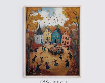 Scena autunnale di un villaggio, stampa di arte popolare stravagante, arredamento rustico cottagecore, dipinto vintage da libro di fiabe, download digitale 87