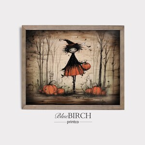 Vintage Witch Wall Art, Whimsical Halloween Pumpkin Patch Printable, Gothic Storybook Painting, Spooky Autumn Forest Decor, Folk Portrait