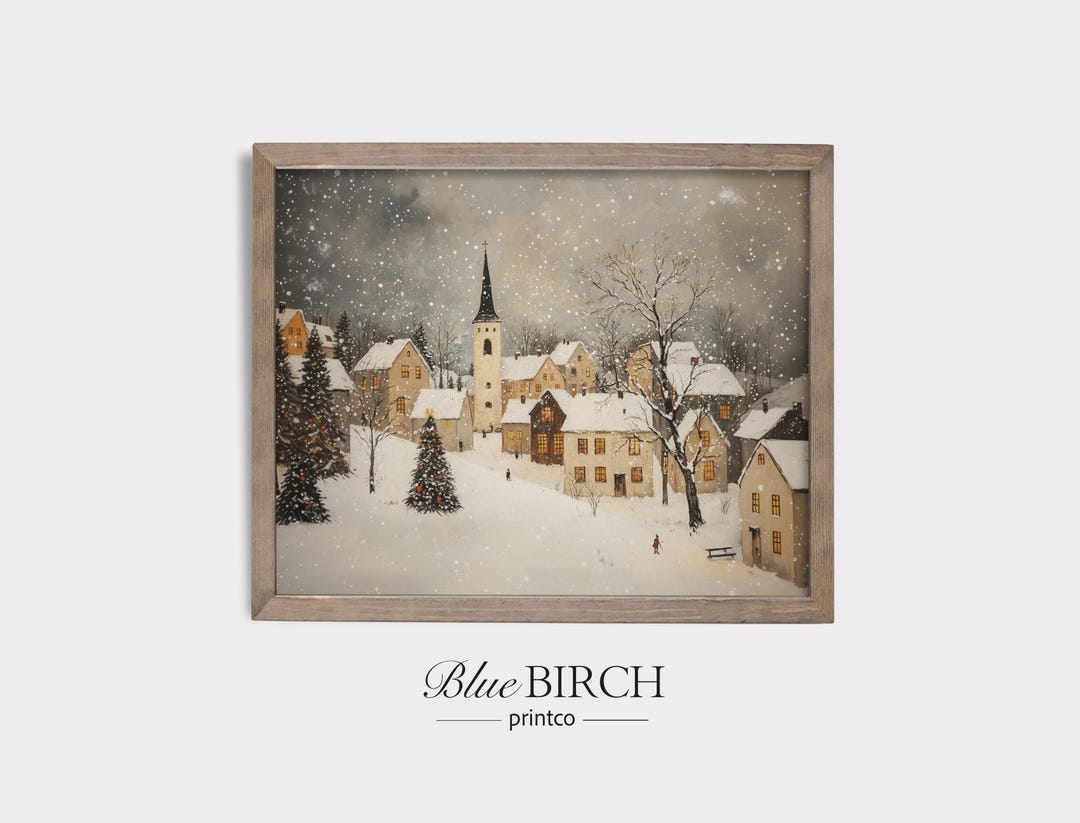 Vintage Christmas Village Print, Snowy Winter Town Wall Art, Rustic ...