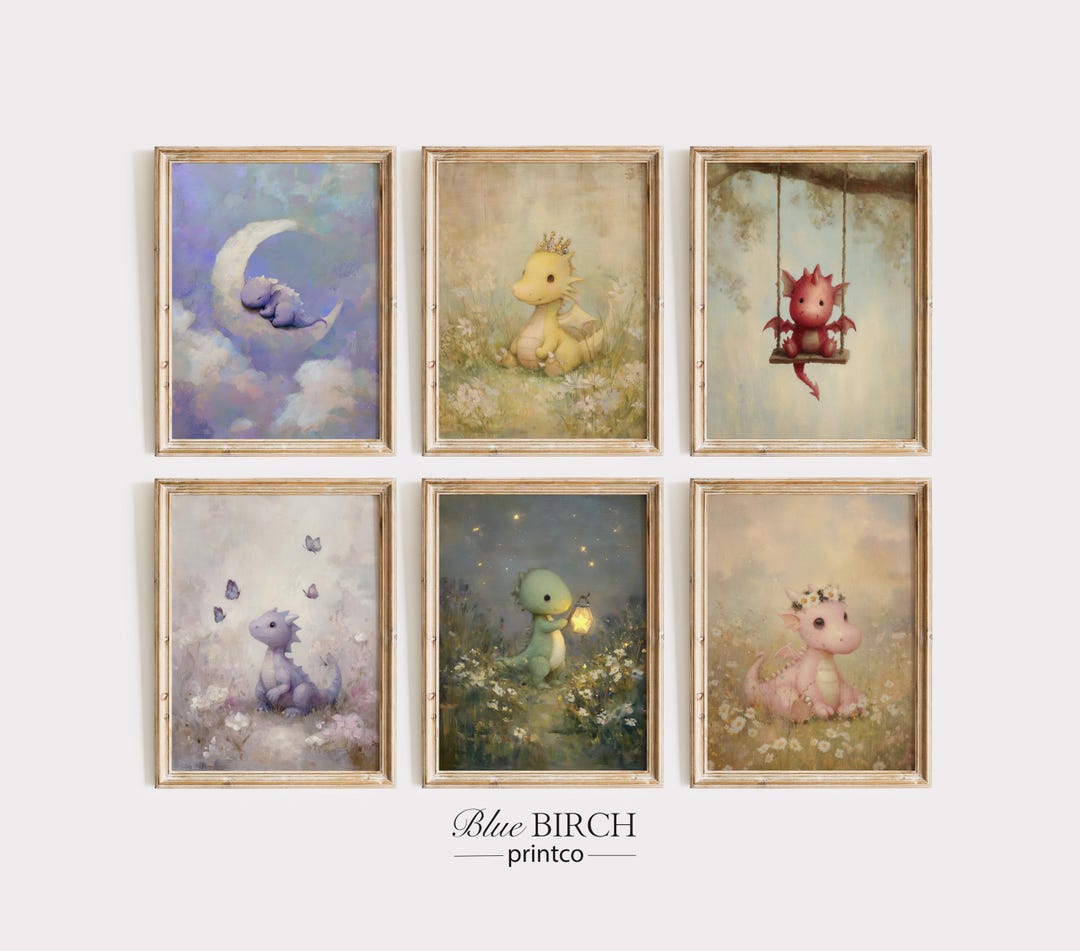 Whimsical Baby Dragon Fantasy Wall Art Set of 6, Storybook Nursery ...