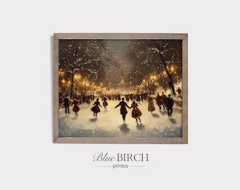May include: A framed print depicting a winter scene with people ice skating in a park at night. The artwork features a soft color palette with warm lighting from street lamps and a snowy atmosphere. The print is framed in a light brown wooden frame. The text "Blue Birch printco" is at the bottom.