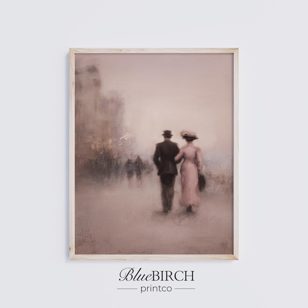 Romantic Couple Print, Blush Vintage Street Scene Wall Art, Antique ...
