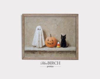 Geist Kürbis schwarze Katze und Candy Corn Druck, gruselige Herbst Dekoration, rustikale Bauernhaus Vibe, Halloween Mantel Gemälde, digitaler Download 382
