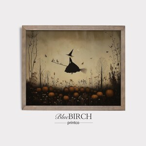 Vintage Witch on Broom Wall Art, Halloween Pumpkin Patch Printable, Whimsical Moonlit Silhouette, Autumn Cottage Decor, Retro Witchy Print
