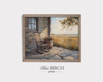 Rustic Rocking Chair Painting, Vintage Farmhouse Porch Landscape Art, Country Cottage PRINTABLE, Digital Download 78
