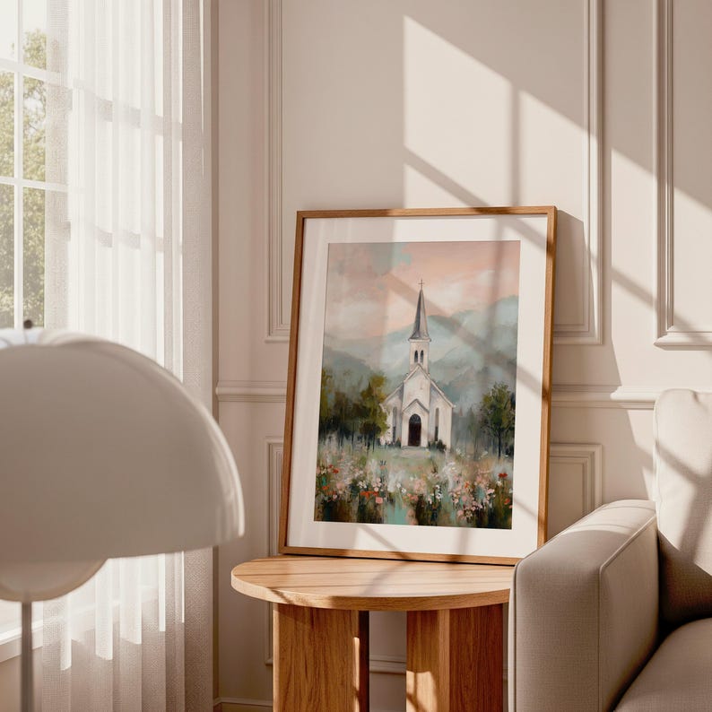 Charming white chapel wall art for bedroom — delightful watercolor painting evoking serenity and rustic elegance in soft pastel shades.