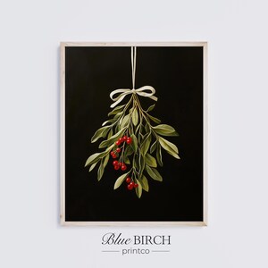 May include: A framed print featuring a sprig of mistletoe with green leaves and red berries, tied with a white ribbon against a black background. The text "Blue Birch printco" is at the bottom.