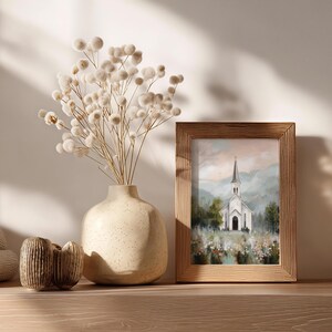 Pastoral chapel painting for dining room — soft impressionistic artwork with delicate brushwork and a serene countryside ambiance.