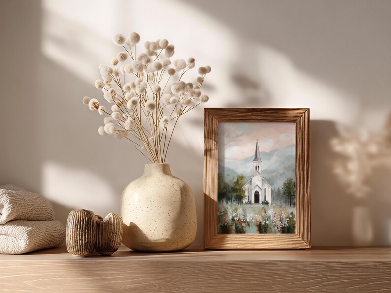 Pastoral chapel painting for dining room — soft impressionistic artwork with delicate brushwork and a serene countryside ambiance.