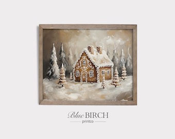 Gingerbread House Christmas Art, Vintage Christmas Printable, Antique Christmas Artwork, Winter Cottage Print, Cozy Holiday Decor 371