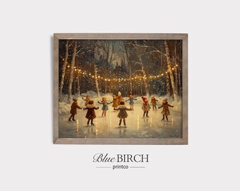 May include: A framed print of a winter scene with children ice skating in a circle. The artwork features a snowy forest, string lights, and children wearing coats and hats. The text "Blue Birch printco" is at the bottom.