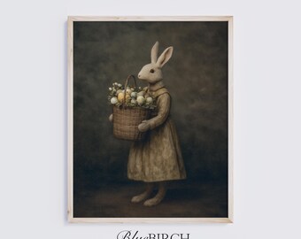Vintage Rabbit Portrait Print, Antique Bunny Painting, Moody Cottagecore Animal Art, Heirloom Decor, Spring Wall Art, Digital Download 863