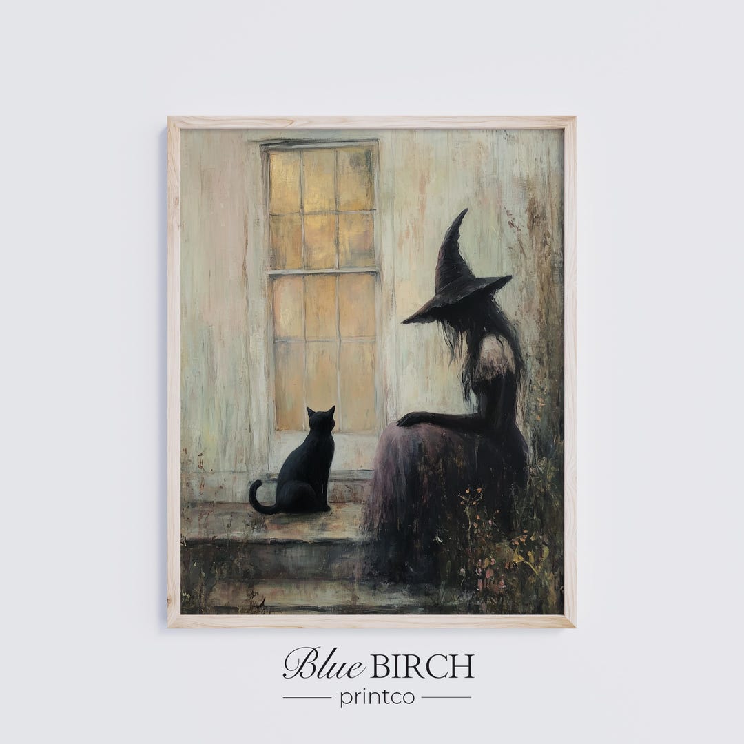 Vintage Witch and Black Cat Printable, Rustic Halloween Wall Art ...