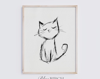 Impression chat, dessin au trait minou minimaliste, art mural pour chambre d'animaux, oeuvre d'art moderne noir et blanc, croquis de chaton, téléchargement numérique 440