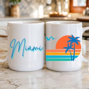 Miami Beach Coffee Mug: Retro Sunrise Design, 80s Font