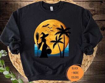 Tropical Witch Halloween Sweatshirt: Beach Silhouette Graphic