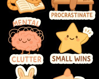 May include: A black background with several cartoon illustrations. The illustrations include a sleeping orange cat with the word "FOCUS", a sloth with the word "PROCRASTINATE", a brain with the word "MENTAL CLUTTER", a star with "SMALL WINS", a bunny with "SELF-COMPASSION", and a hand.