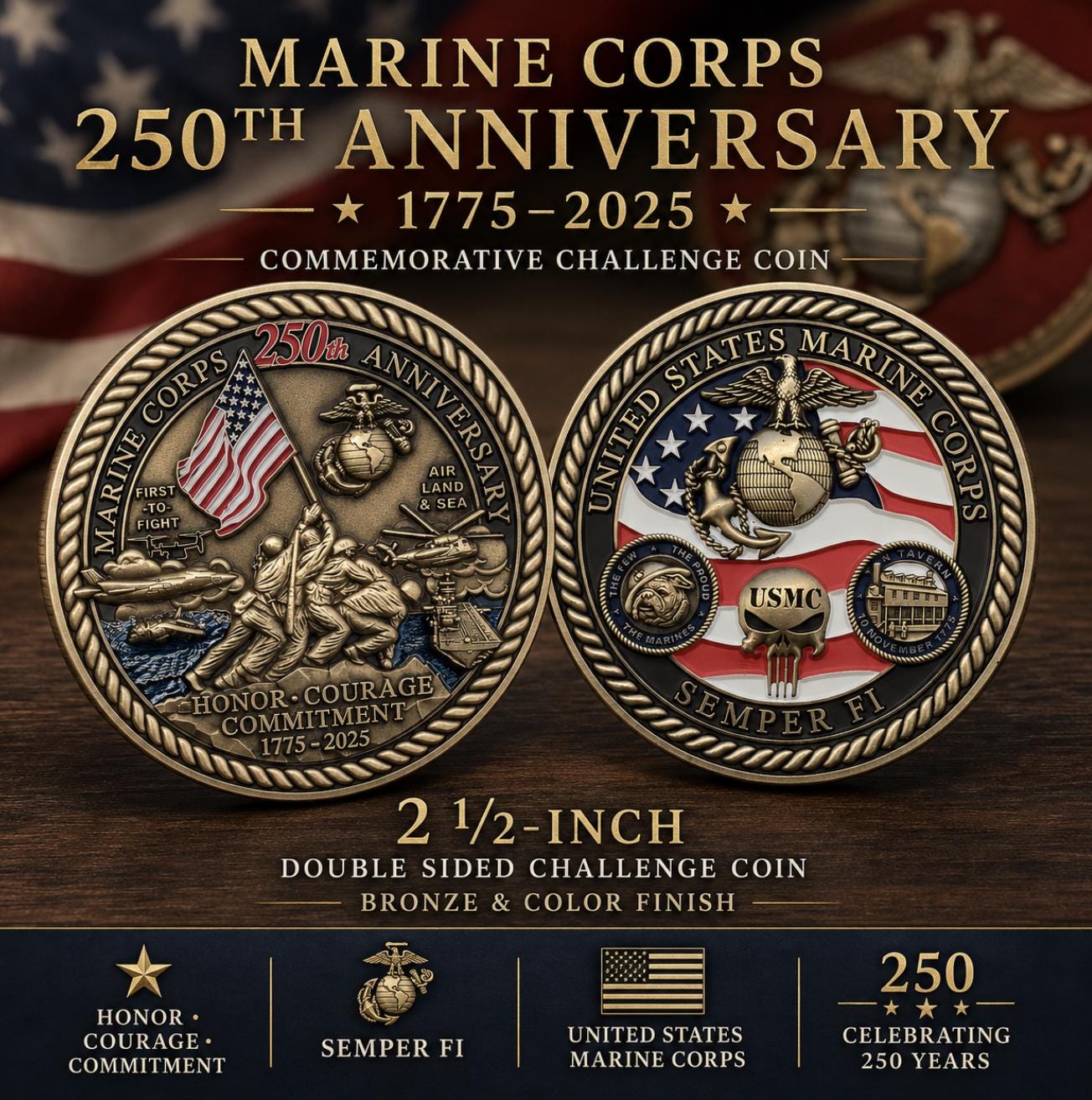 限定品　アメリカ海兵隊　記念プレート　USMC 真鍮　沖縄　日本　希少　レア 250th United States Marine Corps Anniversary Challenge Coin