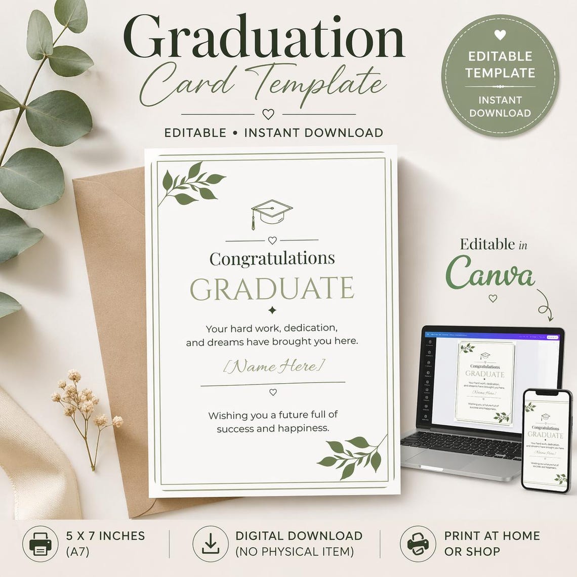 Editable Graduation Card Template, Minimal Green Design (digital ...