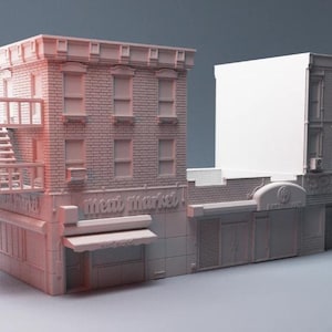 Puede incluir: Maqueta de una manzana de edificios con dos edificios. El edificio de la izquierda es de ladrillo con una escalera de incendios y el texto "Meat Market". El edificio de la derecha tiene el texto "Copies" y una pared en blanco.