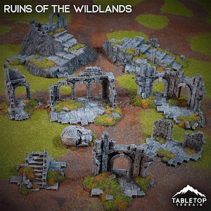 May include: Miniature grey stone ruins, including archways, staircases, and broken walls, arranged on a green and brown surface. The text "RUINS OF THE WILDLANDS" is at the top. The Tabletop Terrain logo is at the bottom.