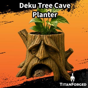 May include: A brown tree stump planter with a carved face and a hollow cave opening at the base. A small spotted lizard is visible inside the cave. The text Deku Tree Cave Planter is at the top and TitanForged is at the bottom right corner.