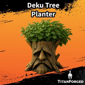 May include: A brown tree stump-shaped planter with a textured bark surface and a sculpted face featuring a nose, mustache, and heavy eyelids. The text 'Deku Tree Planter' appears at the top, and 'TITANFORGED' with a helmet logo is at the bottom.
